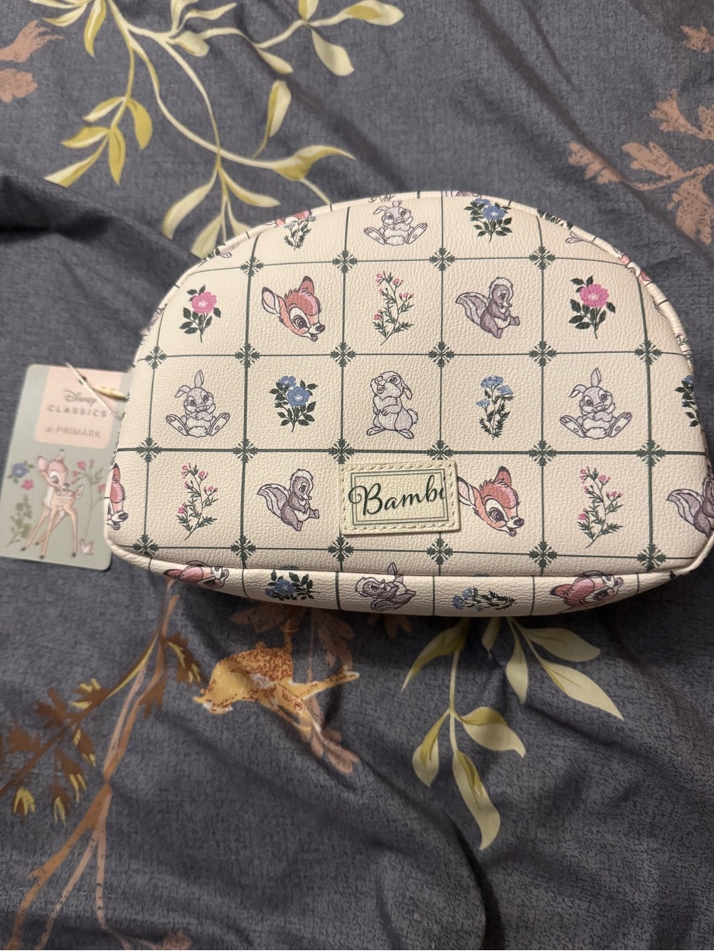 Primark Bambi Floral Grid Cosmetic Pouch - Cream with Pink & Blue Accents